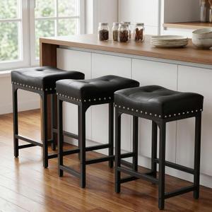 Bar Stools Set of 3, Counter Height Bar Stools for Kitchen Island, 24 Inch Black Saddle Backless Barstools, Counter Height Stools with Thick Saddle Seats & Metal Base, Black