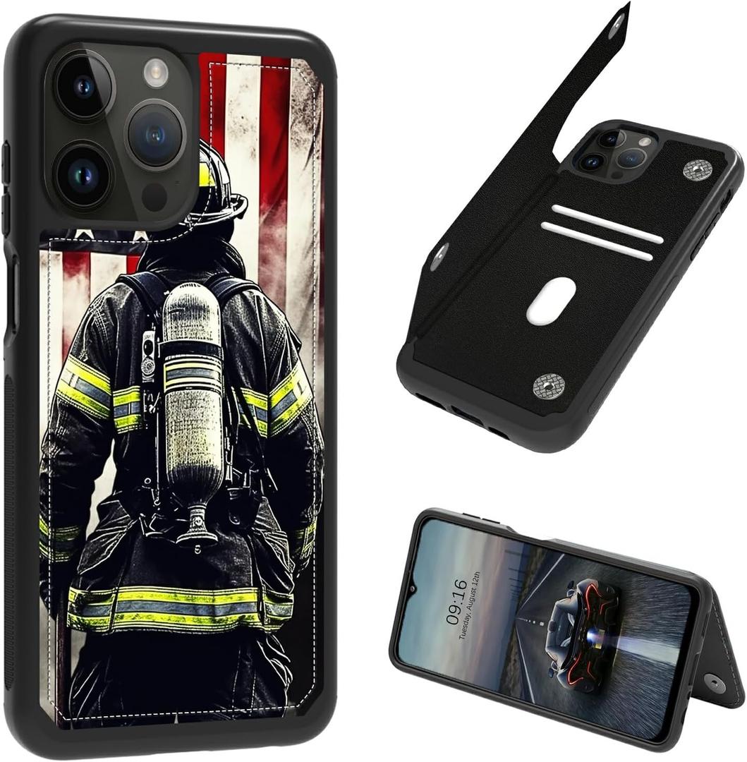 Flag Firefighter Theme Case for iPhone 16 Pro Max 6.9" PU Leather Heavy Duty Shockproof Protective Wallet Case with Credit Card Magnetic for iPhone 16 Pro Max 6.9"