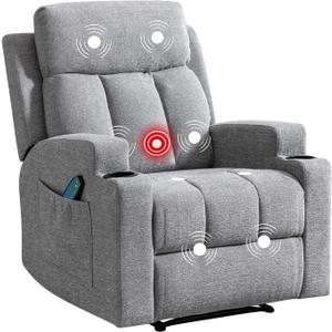 Phoenix Home Manual Recliner Chair with Massage and Heat Ergonomic Overstuffed Breathable Fabric Reclining Chair with 2 Side Pockets, 2 Cup Holders, Remote Control, Living Room, Bedroom, Gray