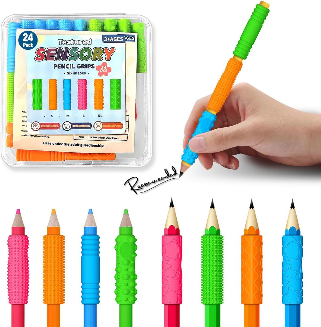 Textured Pencil Grips for Kids & Adults - 24 Pack Sensory Fidget Toys for ADHD, Autism - Quiet Classroom & Office Tools for Anxiety Relief Stress Relief - Educational Supplies, Student Rewards&Gifts