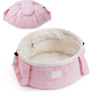 Narwey Lay Flat Open Drawstring Puffer Makeup Bag, Large Quilted Cosmetic Bag for Women Girls, Cute Make up Bags with Handle, Travel Toiletry Bag for Skincare, Brushes & Travel Essentials (Pink)
