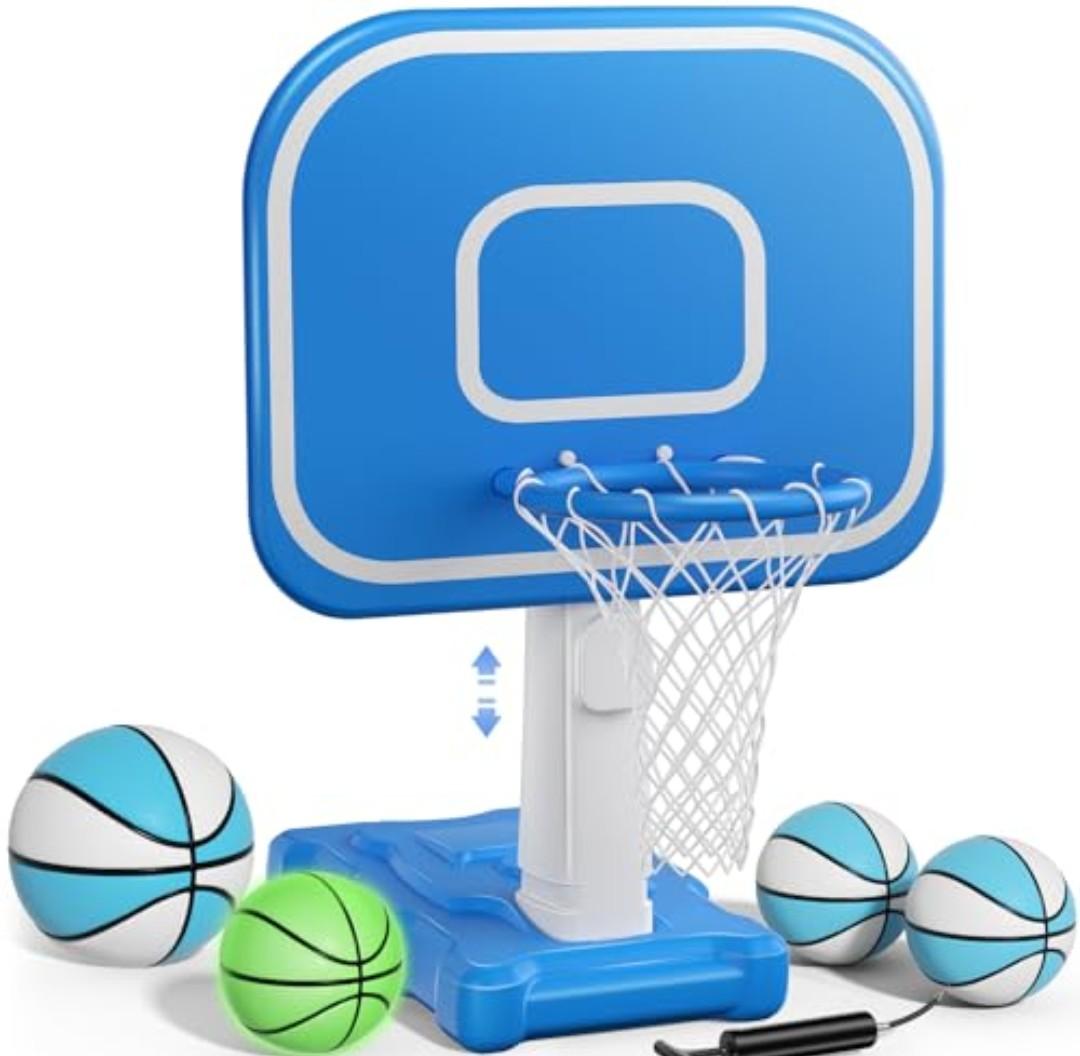 Pool Basketball Hoop, 33"x26"x50" Oversized Pool Toys with Adjustable Height Includes 4 Balls(Size 6, 2×Size 3, Glow)/ Nets/Pump for Poolside Water Basketball Game, Swimming Pool Games for Kids Adults