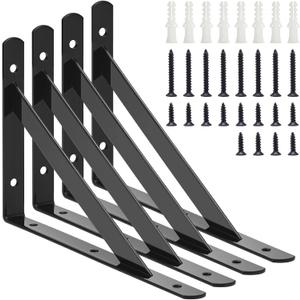 4 Pack Heavy Duty Shelf Brackets, Metal L Brackets, Wall Holders with 90 Degree Triangle, Wall Mount Floating Shelf Bracket, Black Steel L Brackets with Screws for Shelves, 7.8 x 4.7 in
