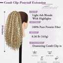 BARSDAR Blonde Ponytail Extension, Curly Drawstring Ponytail Pure Protein Fiber Bohemian Wavy Curly Drawstring Comb Clip in Pony Tails Hairpieces Fluffy Natural Soft Daily Party, Blonde Highlights