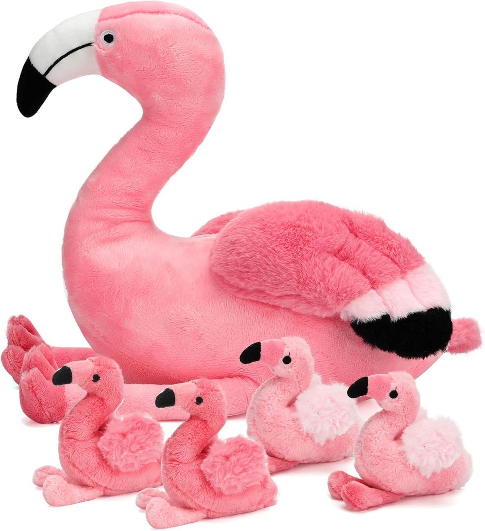 21Inch Flamingo Stuffed Animal Toys with 4 Babies Soft Plush Pink Plushie Machine Washable for Kids Birthday Toddlers Kids