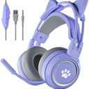 Cat Ear Headphones Purple Gaming Headset with Mic for Switch Xbox One PS4 PS5, Cute Girl Kids Wired Headphones Light up Kawaii Kitty Noise Cancelling Headphones for Gamer PC Laptop