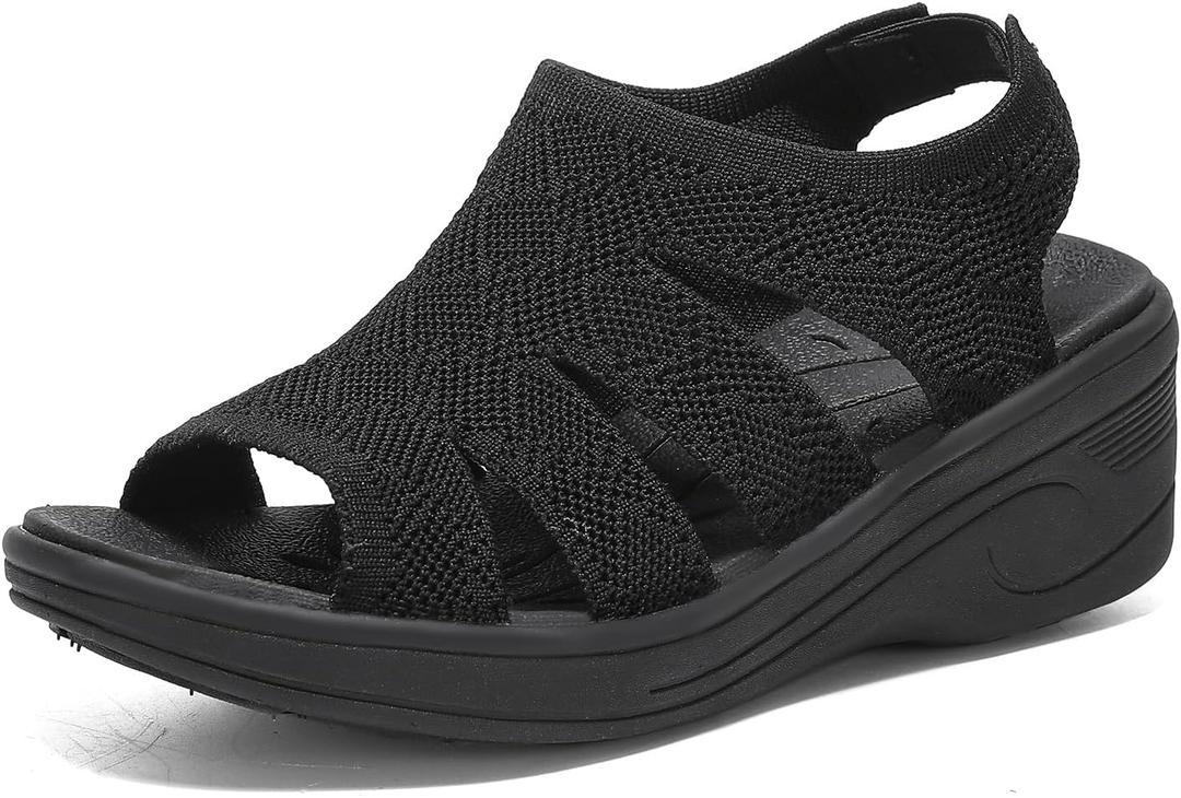 Womens Wedge Sandals Platform Walking Sandals Open Toe Ankle Elastic Strap Casual Comfortable Summer Dressy (6, Black)