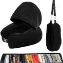 Stuffable Travel Neck Pillow with Hood, Soft Velvet Travel Neck Pillow Stuffable with Clothes, Adjustable Neck Size, Multifunctional Fillable Airplane Travel Neck Pillow for Extra Luggage (Black)
