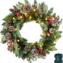 24 Inch Prelit Christmas Wreath, Artificial Christmas Wreath for Front Door with LED Lights, Pine Cones, Pine Needles, and Red Berries, Reef for Door Window Mantel Indoor/Outdoor Home Decoration (H76780-02)