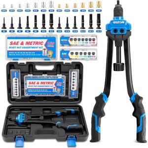 Rizom Rivet Nut Tool, 16 Rivnut Tool Kit with 13 Metric and SAE Mandrels, Threaded Nutsert Tool, 168PCS Rivet Nut Assortment Kit in Organized Carrying Case