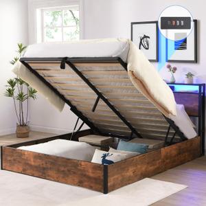 Full Size Lift Up Storage Bed Frame with Charging Station and LED Lights,Heavy Duty Metal Lift Up Storage Bed Full Size,Hydraulic Bed with Storage Headboard,Rustic Brown