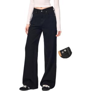Women's Adjustable Waist Baggy Jeans with Snap-Button Waistband Wide Straight Leg High Rise Jeans Denim Pants Y2K Trousers (33, Black)