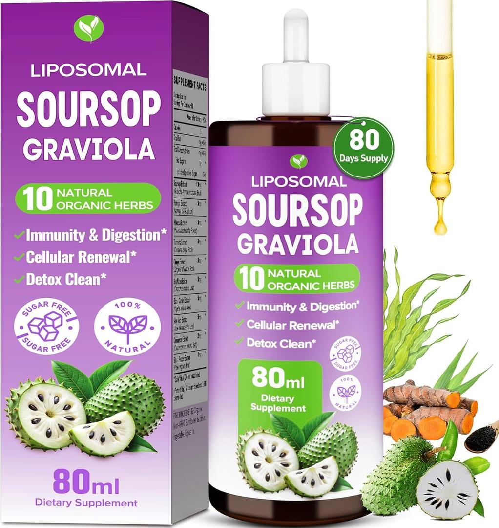 Soursop Bitters Liquid, 80ml Liposomal Multivitamin Blend with Organic Soursop Leaves, Black Seed Oil, for Cell Health, Immune, Gut Cleanse, Detox, Liver, Antioxidant, Zzz, Sugar Free -80 Days Supply