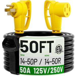 POWGRN NEMA 14-50P to NEMA 14-50R 50 Amp RV/EV Extension Cord 50 FT Outdoor with Grip Handle, Flexible Heavy Duty RV Power Cord Waterproof, 50A 125/250V 6250/12500W STW, Black-Yellow, ETL Listed