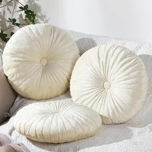 Namalu Round Throw Pillow 13.8 Inch Decorative Round Velvet Floor Pillows Small Pumpkin Throw Cushion for Living Room Sofa Bed(Beige, 2 Pcs)