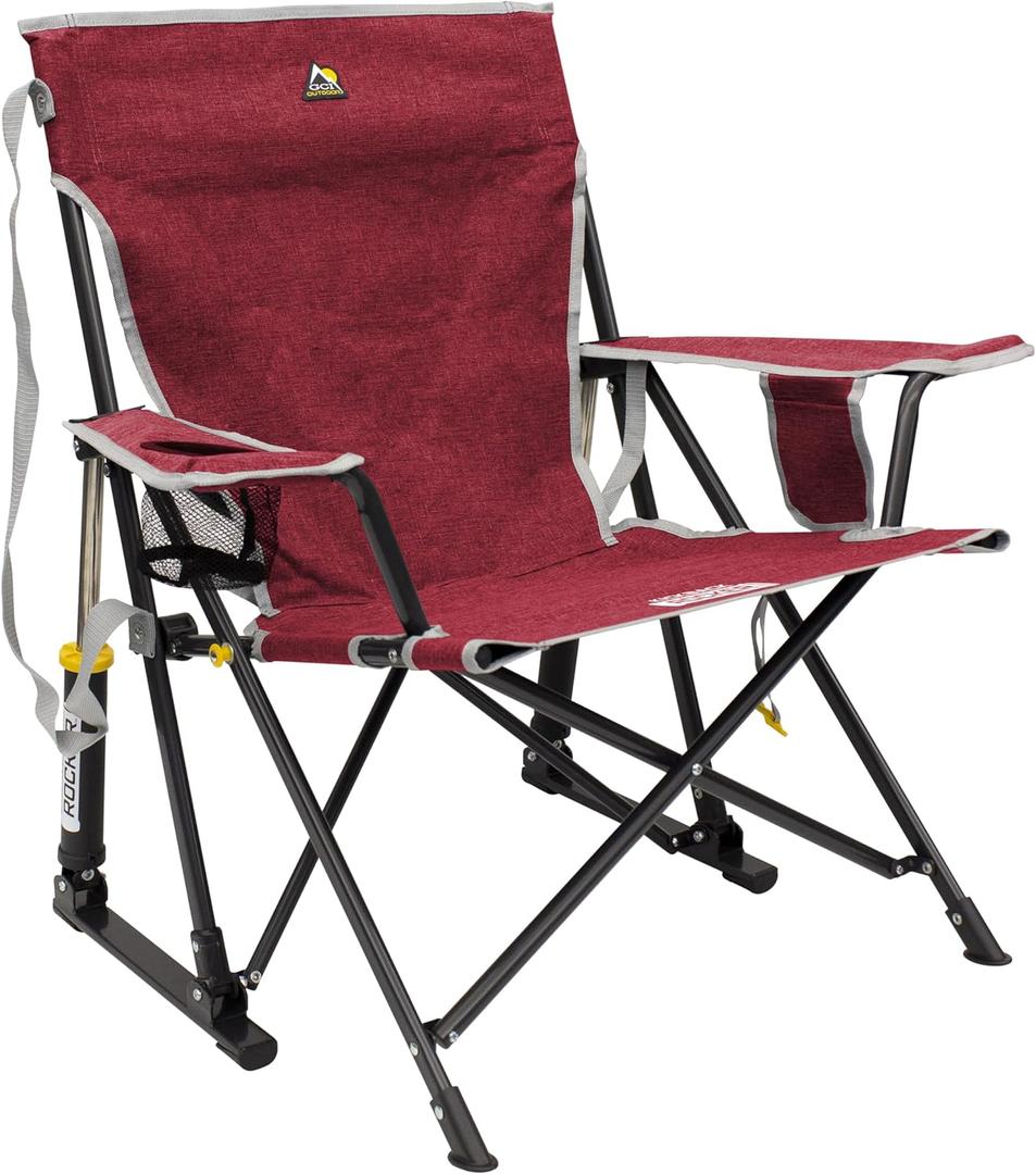 GCI Outdoor Kickback Rocker Camping Chair | Portable Folding Rocking Chair with Durable Armrests, Drink Holder & Relaxed Lowered Seat for Comfort  Red