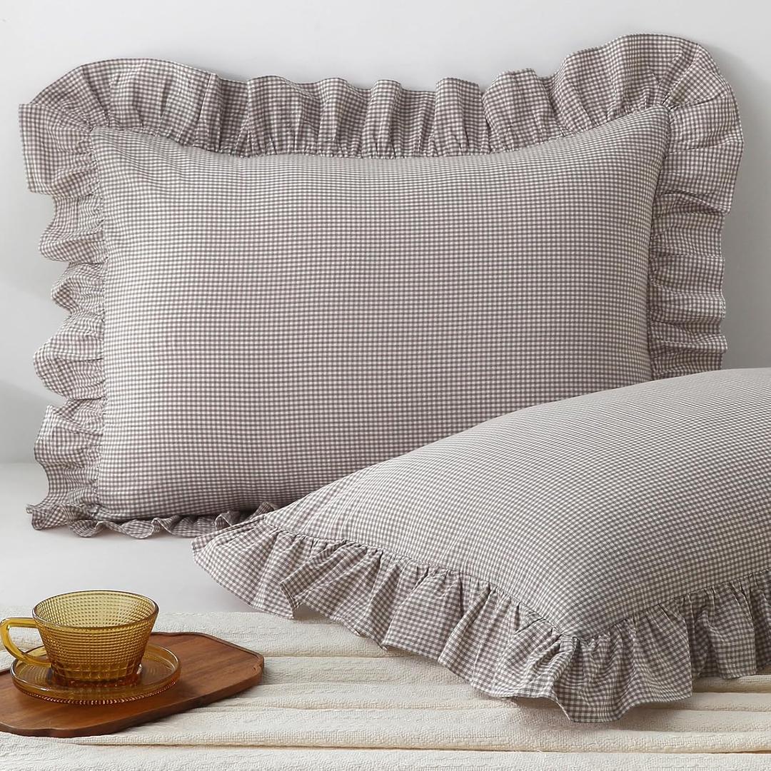Aryeleay 2 Pack Brown White Plaid Gingham Ruffle Pillow Shams Standard Size, 100% Washed Cotton Checkered Farmhouse Pillow Covers for Bed/Sofa-20 x26