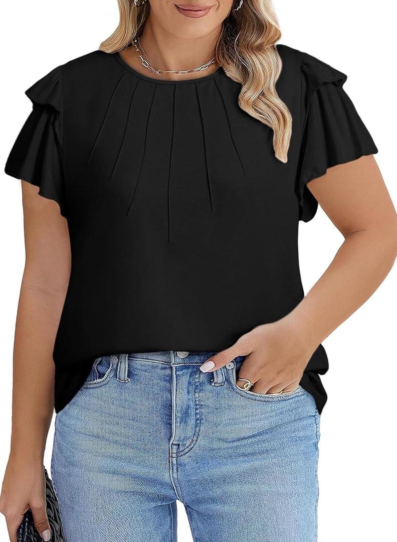 Eytino Women Plus Size Tops Ruffle Short Sleeve Crew Neck Summer Loose Casual Blouse T Shirts(1X-5X) (3X, Black)