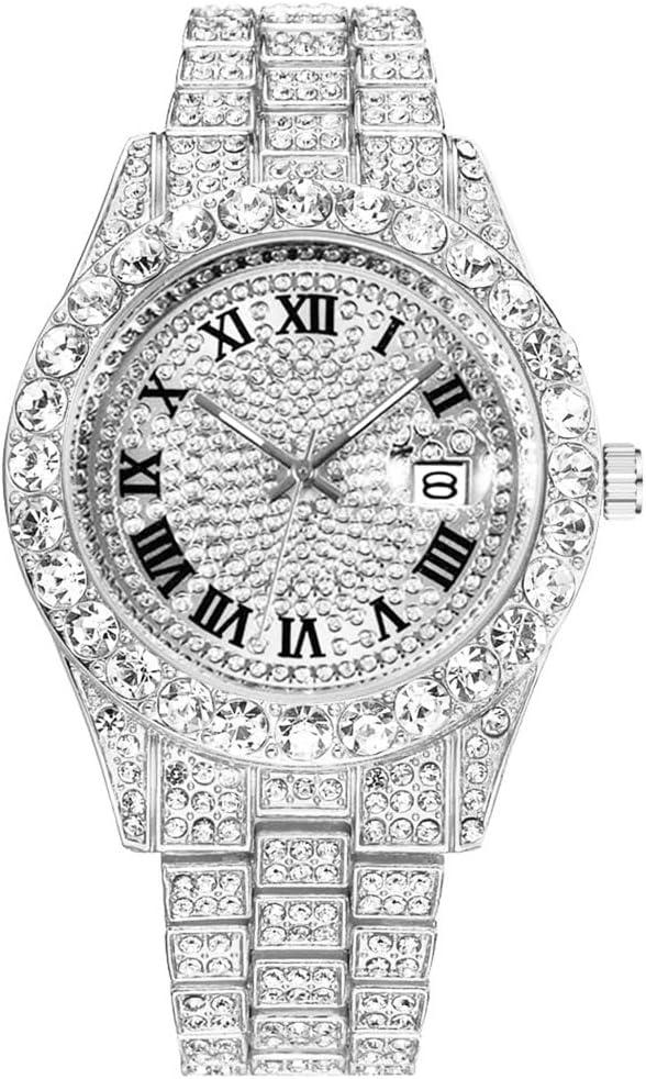 Hip Hop Watches for Men Iced-Out Bling Diamond Luxury Quartz Watches with Date (42mm Face Diamond Silver)