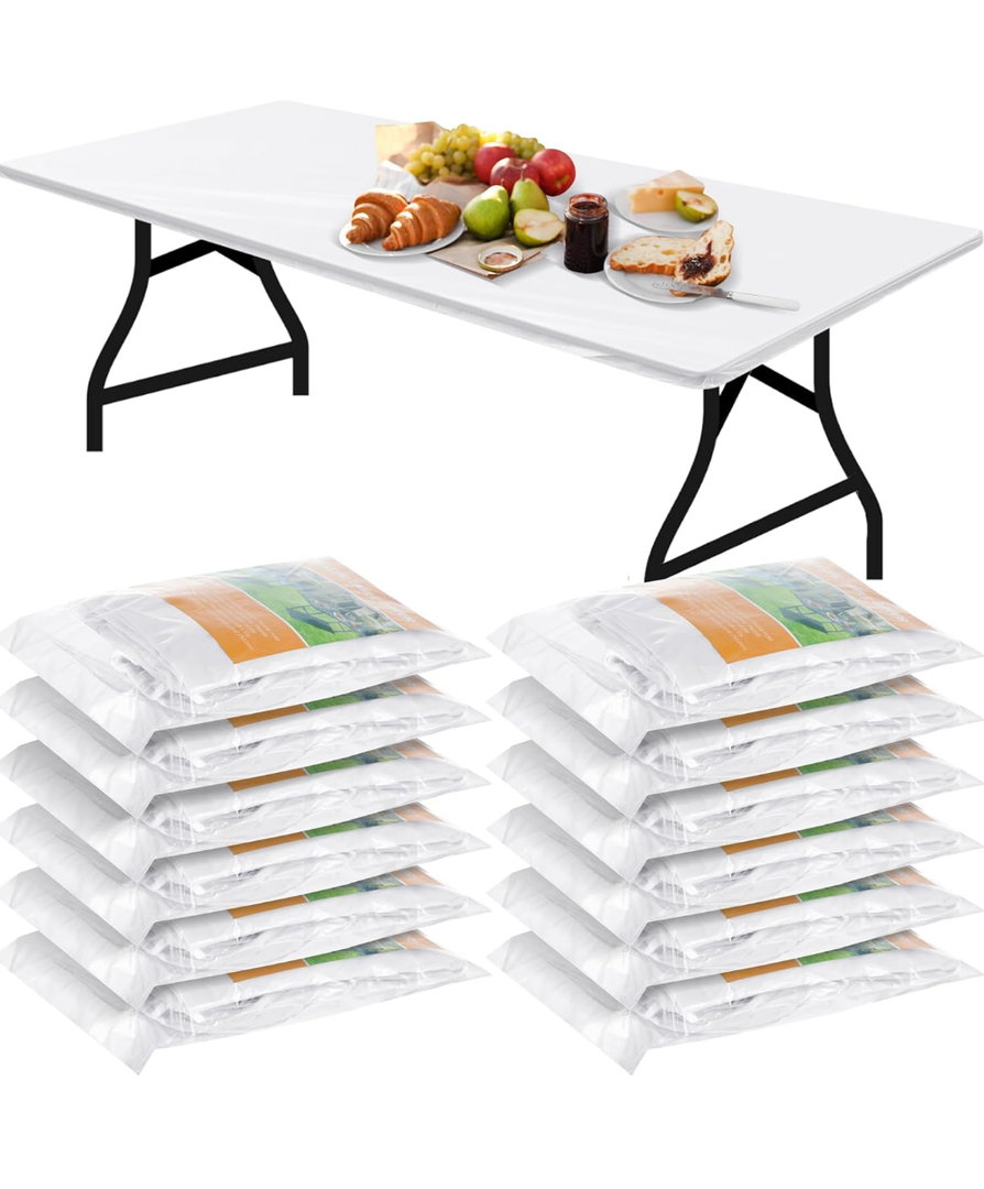 Boao 12 Pcs Plastic Table Cloths Disposable for Parties Picnic Table Covers with Elastic Fitted Elastic Desk Cover Rectangle Waterproof for Indoor, Outdoor, Picnic, Camping(6 Ft, 72 x 30 Inch,White