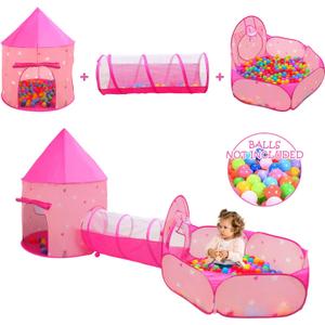 3PC Princess Tent for Girls with Kids Ball Pit, Kids Play Tents and Crawl Tunnel for Toddlers, Pink Pop Up Playhouse Toys for Baby Indoor& Outdoor Tent Games (Pink Tent with Stars 3 Pack)