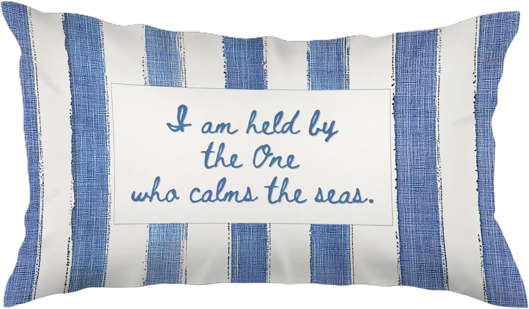Blue Christian Coastal Beach 12x20 Pillow Cover, Christian Room Decor, Blue and White Striped Beachy Bible Verse Decorative Lumbar Pillow Covers for Beach Bedroom House Cabin Home