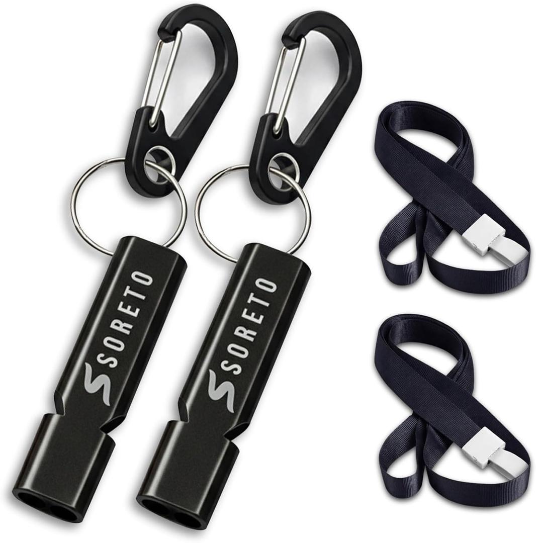SORETO Emergency Survival Whistle, Double Tubes Safety Whistles with Carabiner, Black and Red, 2 Pack for Outdoor Camping, Hiking, Boating, Sports, Dog Training