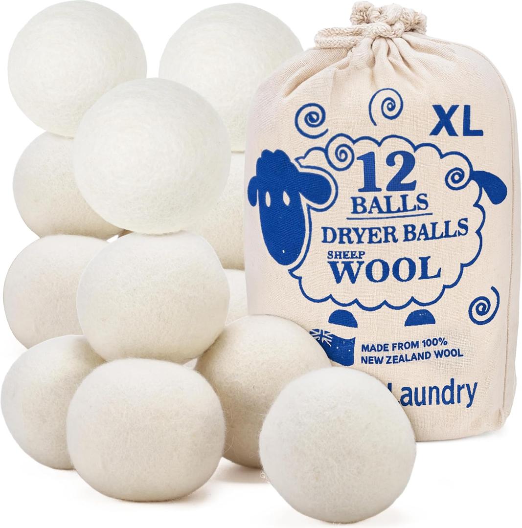 Handy Laundry Wool Dryer Balls - Natural Fabric Softener, Reusable, Reduces Clothing Wrinkles and Saves Drying Time, Better Alternative to Plastic Balls and Liquid Softener (Pack of 12)