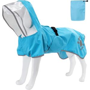 MAMORE Dog Raincoat Hooded Rain Jacket for Small Medium Large Dogs Slicker Poncho Bottom Waterproof Adjustable Reflective Breathable Leash Hole (Blue, Small)