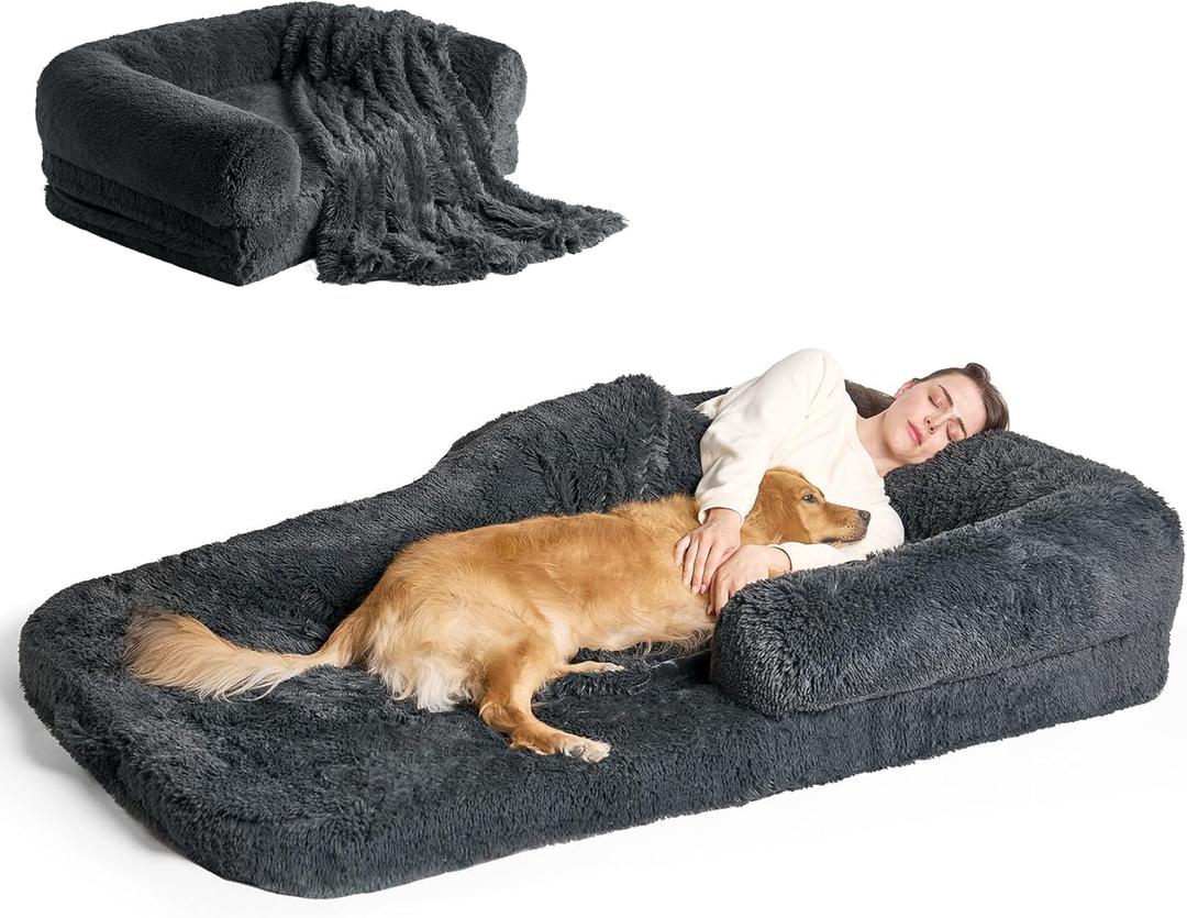 EHEYCIGA Foldable Human Dog Bed, Orthopedic Memory Foam Human Sized Dog Bed, Waterproof Pet Bed for People, Faux Fur Pet Couch for Adult, Dark Grey, 72"x44"x11" (72x44x11(Folded 44x36))