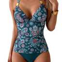 B2prity Halter Tankini Swimsuit for Women Tummy Control Two Piece Bathing Suit V Neck Swimwear with Shorts, Large, Deep Green Floral Printed