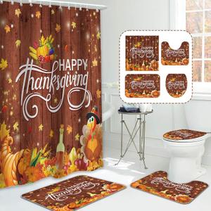 MEHOFOND 4pcs Happy Thanksgiving Turkey Shower Curtain Set,Rustic Wood Pumpkin Fall Autumn Harvest Shower Curtain Sets,Fall Bathroom Bathtub Decor with Non-Slip Rugs Toilet Lid Cover and Bath Mat (Orange1)