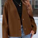 Yousify Womens Cropped Wool Blend Pea Coat Casual V Neck Button Down Short Jackets Fall Shackts with Pockets (Medium, Brown)