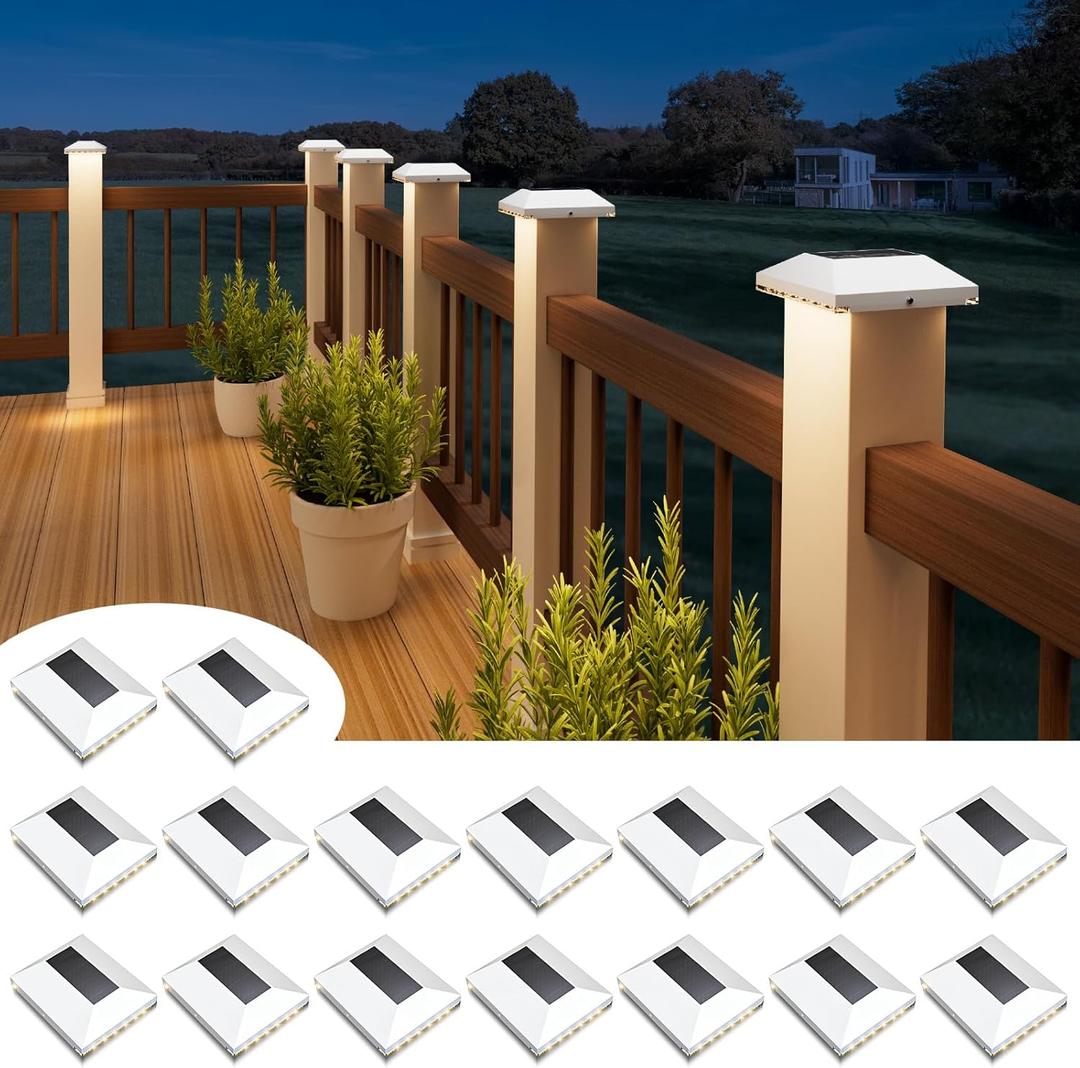 Solar Post Cap Lights Outdoor 16pack - Waterproof Solar Fence Post Lights Fit 4x4 Wooden/Vinyl Posts, White Solar Deck Post Lights Emit Warm White For Outside, Deck Fence/Backyard/Stair Railing/Porch