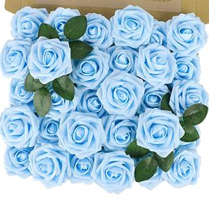 MACTING Artificial Rose Flowers 30PCS Real Touch Fake Flowers with Stem Foam Roses for DIY Wedding Bridal Bouquets Party Holiday Baby Shower Spring Home Mothers Day Decorations(Blue)
