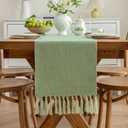 Alsoo Green Table Runners 90 Inches Long, Rustic Small Table Runner with Tassels, Boho Farmhouse Linen Texture Table Decor for Holiday Party and Wedding, 13x90 Inches, Sage Green (13"X90", 6-8 Seats)