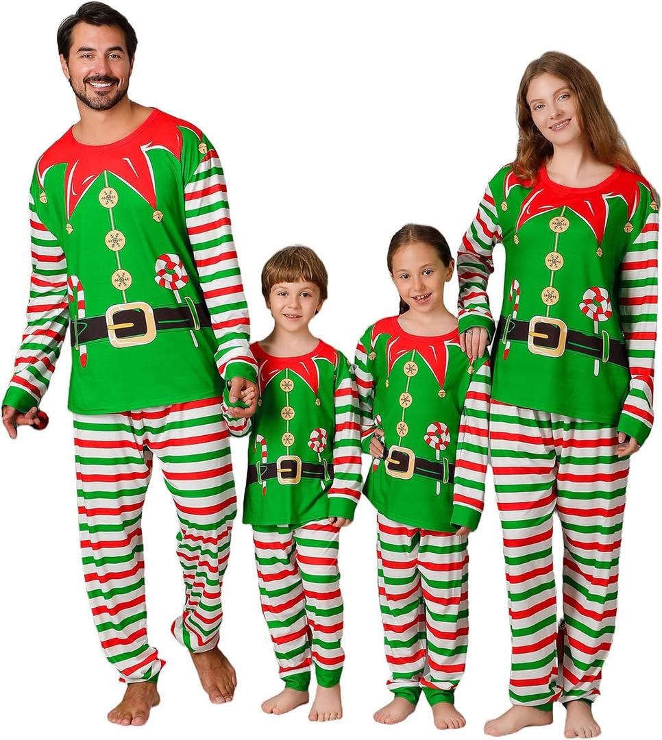 ANGELGGH Matching Family Christmas Pajamas Sets, Holiday PJs with Top and Pants, Cute 2 Piece Sleepwear for Couples/Women/Men (Men, L, Green Canes Elf)