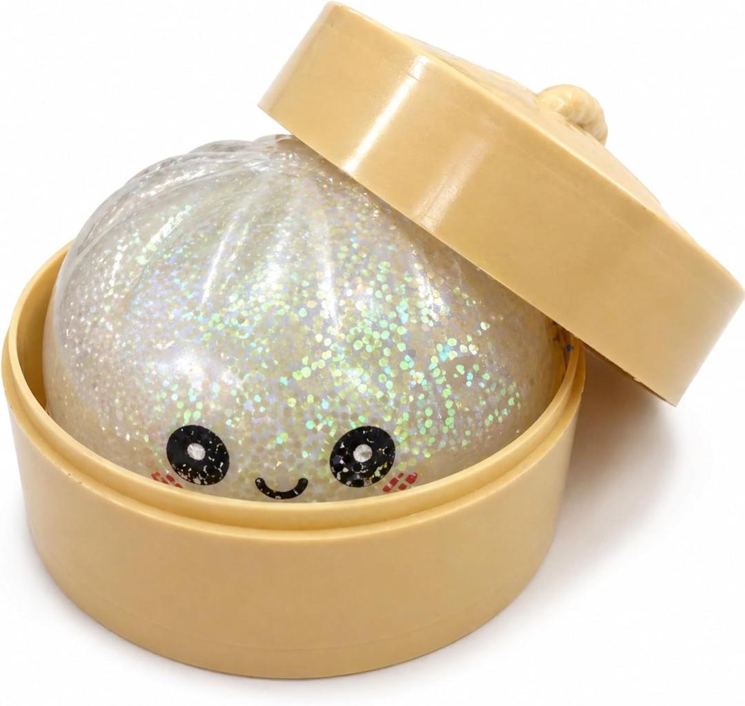 Glitter Dumpling Squishy, Mystery Box Style, Pick Your Color, Super Soft Squeeze Fidget Toy, Satisfying Stress Relief Sensory Desk Toy, with Food Steamer (Classic Pearl White Dumpling)