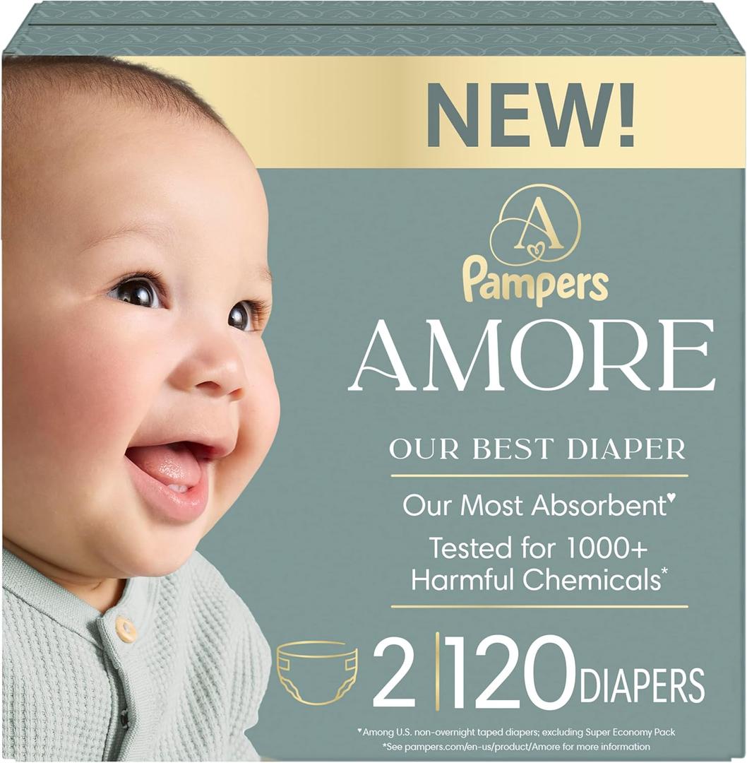Pampers Amore, Size 2 (10-22 lbs), 120 Count, Our Best Diaper Hypoallergenic & Fragrance Free, Up to 100% Leakproof, Soft as Cashmere