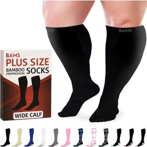 BAMS Plus Size Compression Socks Wide Calf XL – Graduated Knee-High Support, Viscose from Bamboo Easy-On/ Easy-Off (Black, XL)