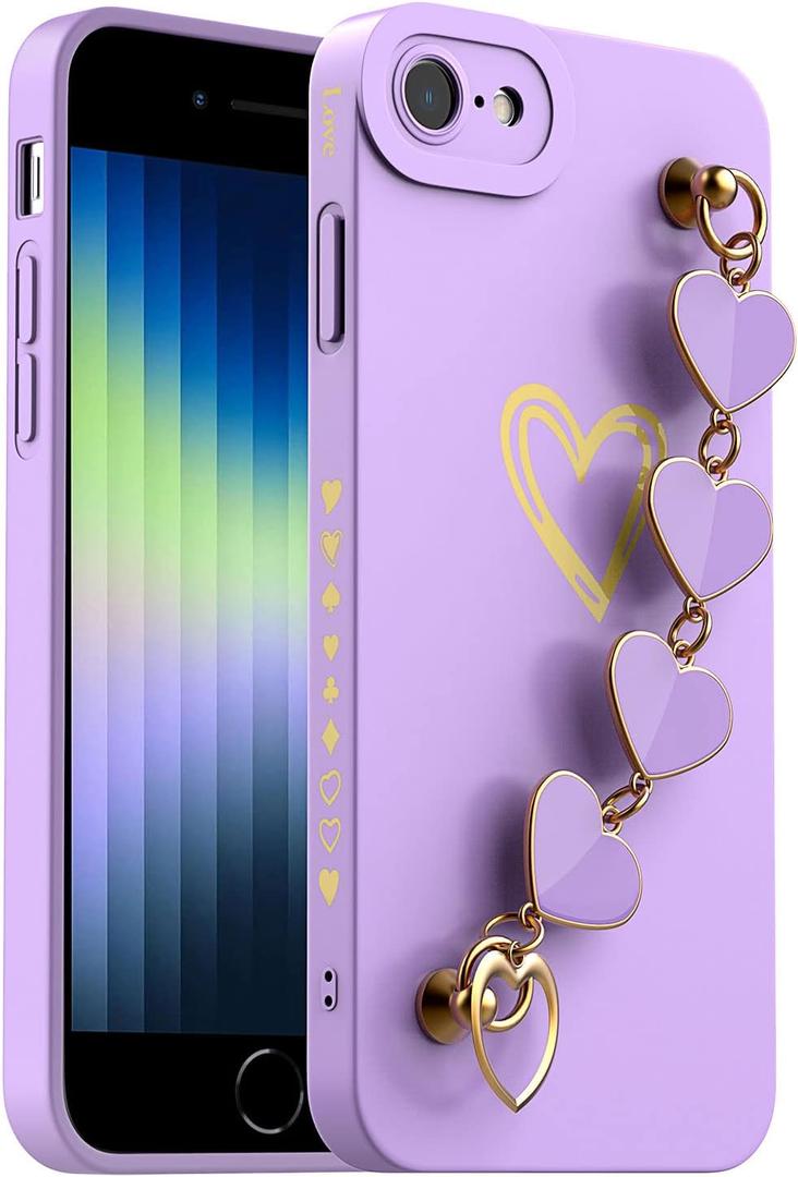 AICase iPhone SE 2022 Case,iPhone 3rd/2020/2nd gen/iPhone 8/7 Case for Women with Full Camera Lens Protection and Hand Strip Loop, Silicone Heart Girly Cute Soft Slim Shockproof for iPhone 8/7/SE_4 (lilac purple with Heart Strap Chain)