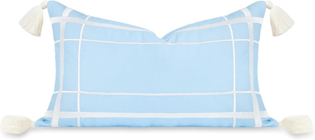 Hofdeco Premium Coastal Patio Indoor Outdoor Lumbar Pillow Cover Only, 12"x20" Water Repellent for Backyard, Couch, Baby Blue Embroidered Line Frame