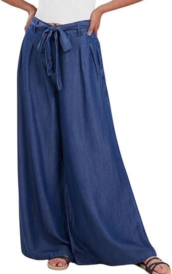 loveimgs Women's Tie Front High Waist Denim Pants Pleated Flowy Wide Leg Jean Pants Trousers. Size L