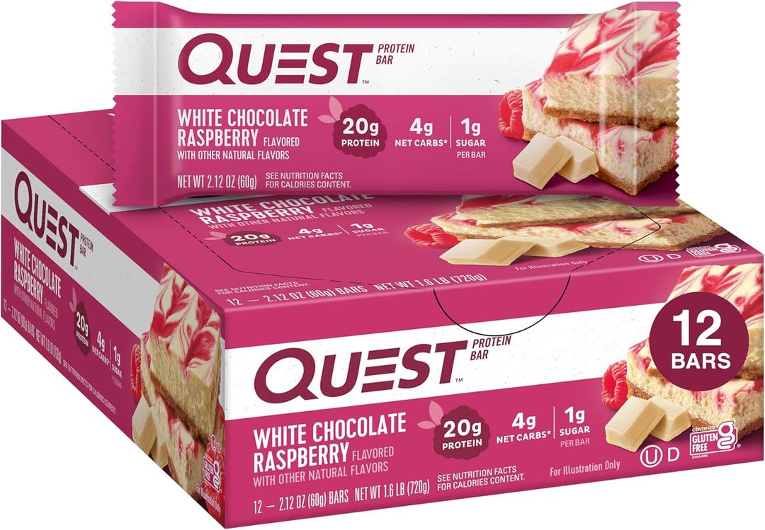 Quest Nutrition White Chocolate Raspberry Protein Bars, 20g Protein, 1g Sugar, 5g Net Carb, High Fiber, Gluten Free, Keto Friendly, 12 Count