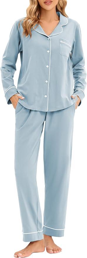 LUBOT 100% Cotton Pajamas for Women PJ Set Soft Button-Down 2 Piece Set Knitted Long Sleeve Sleepwear Loungewear M