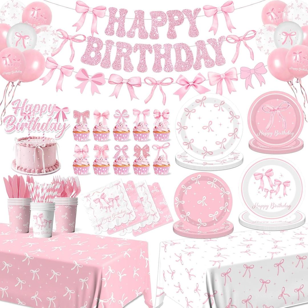 Pink Bow Birthday Party Supplies Serve 24, Coquette Birthday Decorations Include Bow Plates Napkins Cups Banner Tablecloth Cake Topper Balloons Bow Theme Tableware for Girls Bachelorette Decor