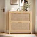 VASAGLE Boho Shoe Storage Cabinet, Slim, Rattan-Look Flip Drawers