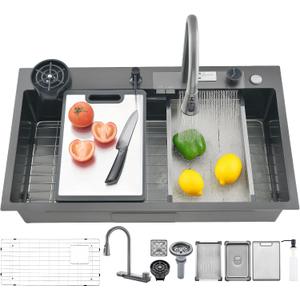 34" x 19.7" Black-Gray Waterfall Kitchen Sink, Drop In Stainless Steel Modern Single Bowl Sink with Pull-Out Spray Faucet, Cup Washer & Accessories
