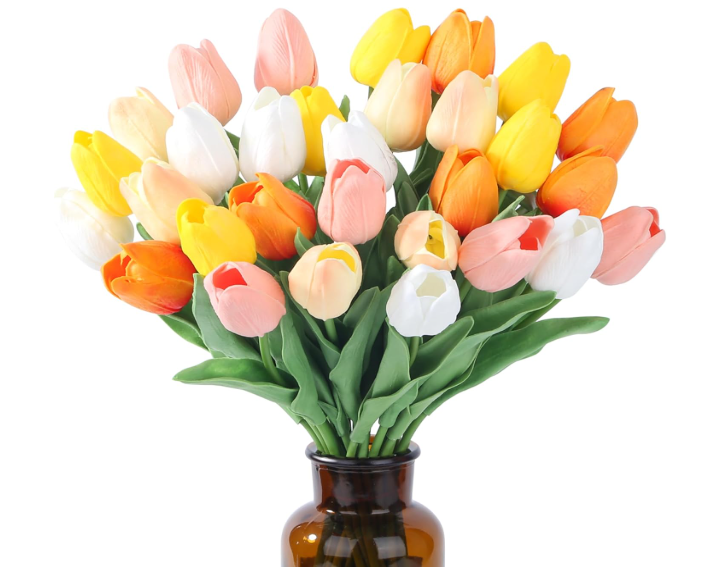 40pcs Fake Flowers Tulips Artificial PU Flower 15pcs Real Touch 14" for Spring Easter Home Kitchen Wedding Bouquet Bulk Mother's Gift Day Decorations(Multicolor, White, Sunset Red/Orange, Yellow)
