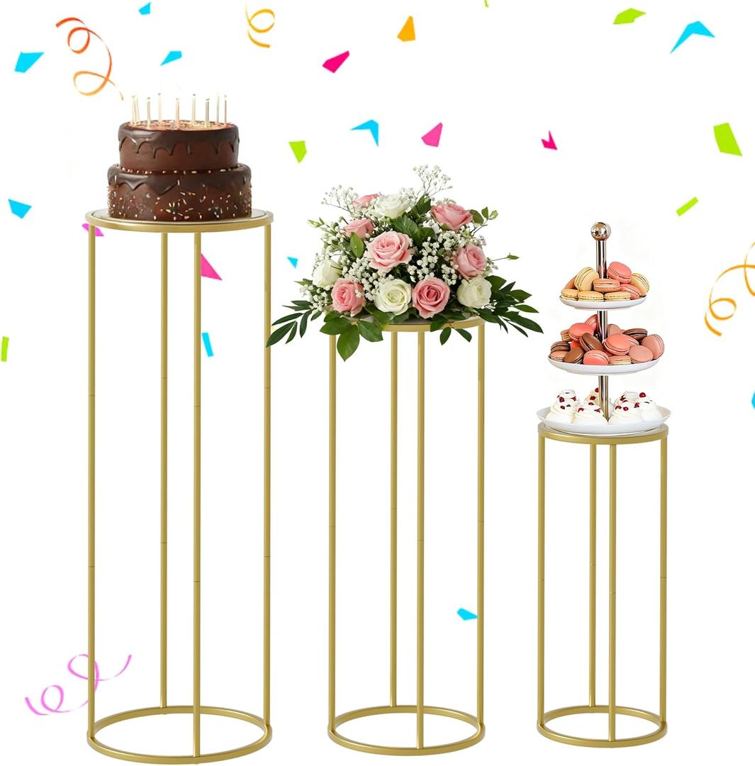 Urban Deco Cylinder Stands for Party, 3Pcs Gold Round Pedestal Stand for Parties, Metal Cake Stands with Acrylic Countertop, Cilindros para Fiestas for Birthday Party Wedding Baby Shower Decor